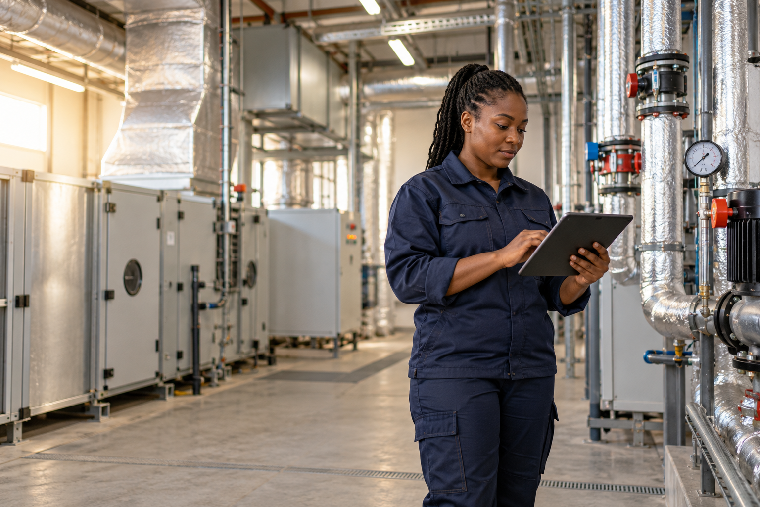 Facilities technician reviewing conditions in a plant room