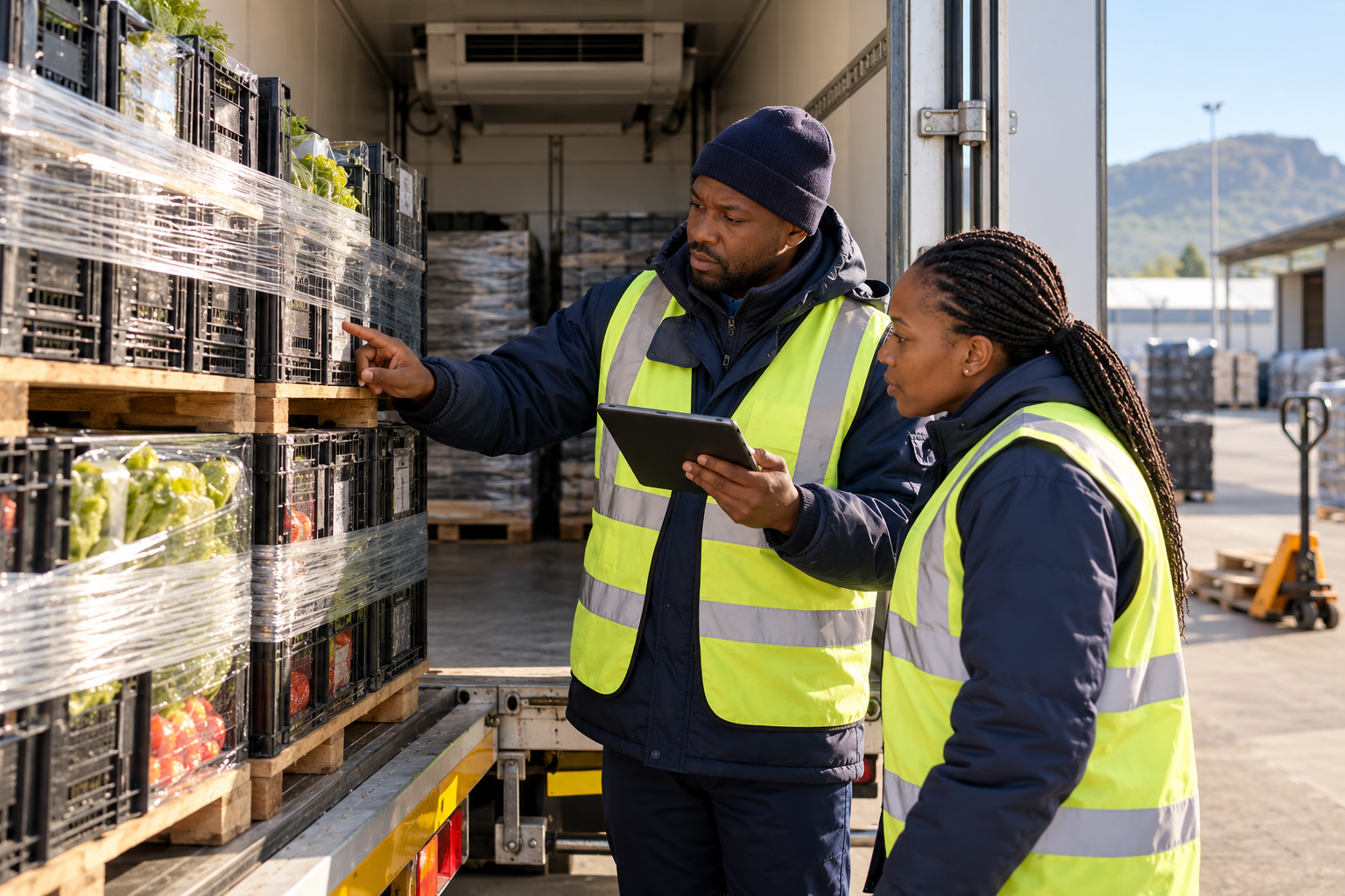 Cold-chain team checking a refrigerated delivery