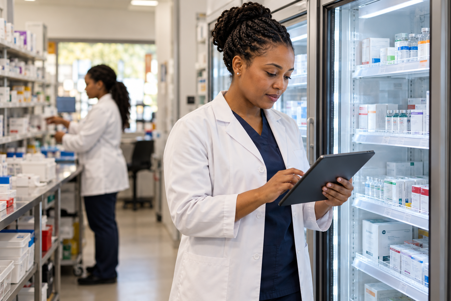 Illustrative pharmacist reviewing storage conditions